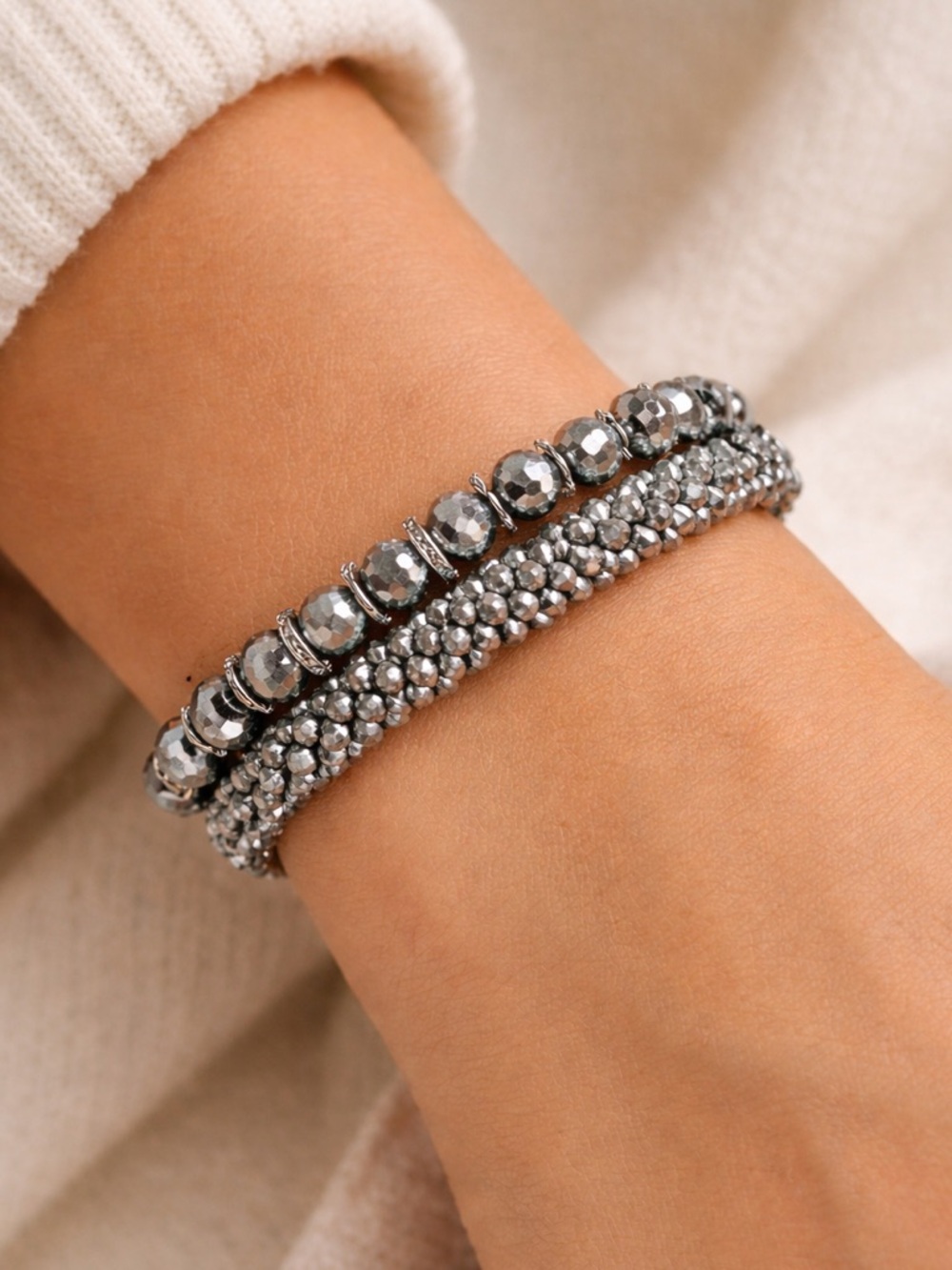 Gray Faceted Bead Stretch Bracelet Set - NIB with Dustbag